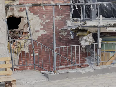 Red Brick Building Demolition Site With Damaged Walls Scaffolding And Debris 3d model