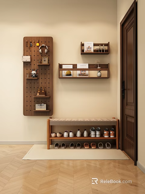 Wooden Shoe Bench With Padded Seat And Entryway Storage Shelves Wall Hooks 3d model 