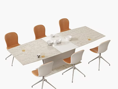 Modern Dining Table Set With Rectangular Surface And Six Orange White Chairs 3d model
