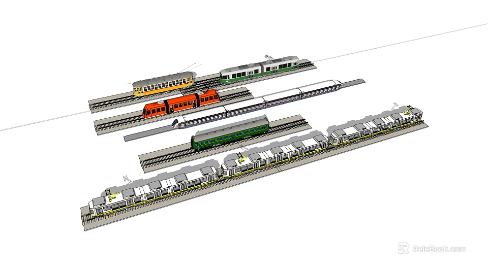 Various Colored Train Models With Multiple Carriages On Railway Tracks Layout 3d model 