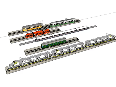 Various Colored Train Models With Multiple Carriages On Railway Tracks Layout 3d model