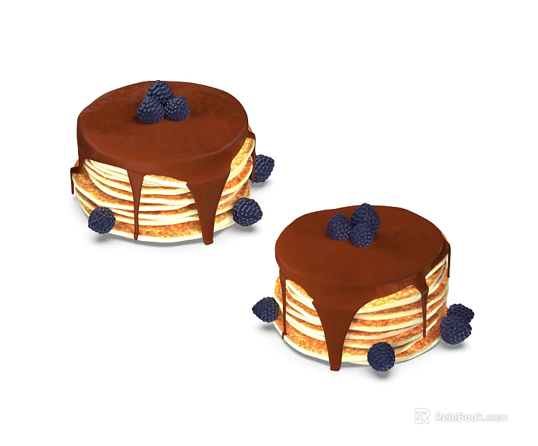 Two Delicious Stacked Pancake Cakes Topped With Chocolate Drizzle And Fresh Blueberries 3d model 