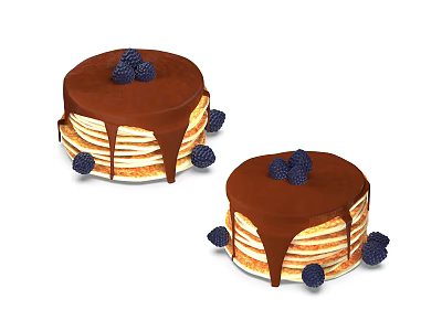 Two Delicious Stacked Pancake Cakes Topped With Chocolate Drizzle And Fresh Blueberries 3d model