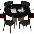 Modern Round Black Marble Dining Table Set With Six Leather Chairs 3d model