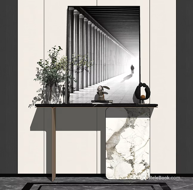 Modern Console Table with Marble Top Vase Plants Decorative Items and Long Corridor View 3d model
