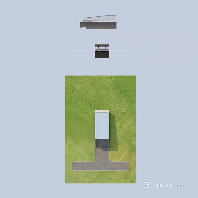Green Grass Field With Small White Building Black Roof And Gray Pathway 3d model 