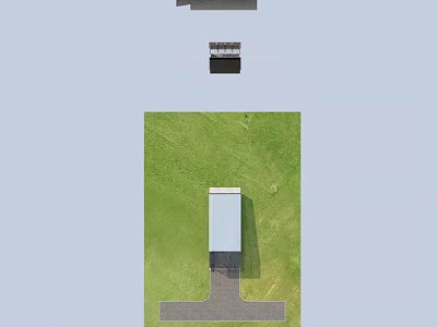 Green Grass Field With Small White Building Black Roof And Gray Pathway 3d model