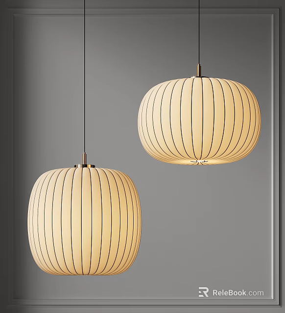 Modern Cream Colored Pendant Lights With Striped Design Hanging Against Neutral Gray Background 3d model 