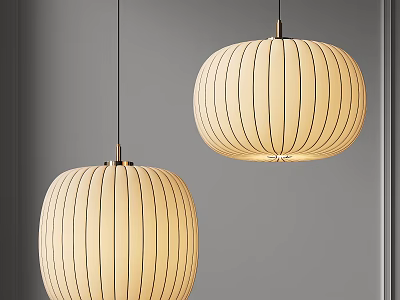 Modern Cream Colored Pendant Lights With Striped Design Hanging Against Neutral Gray Background 3d model