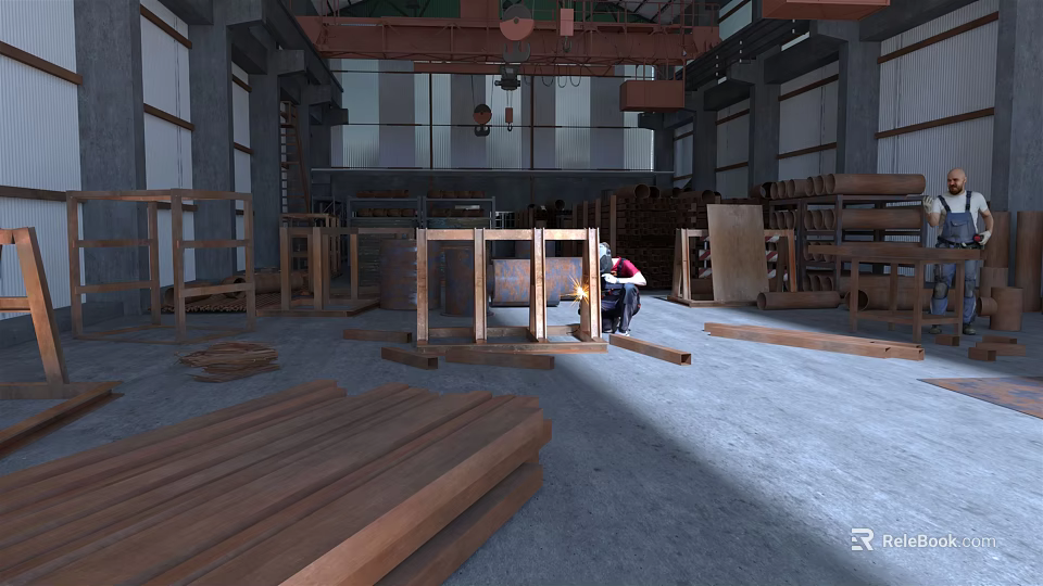 Wood Workshop Scene With Worker Handling Wooden Frames And Planks 3d model 
