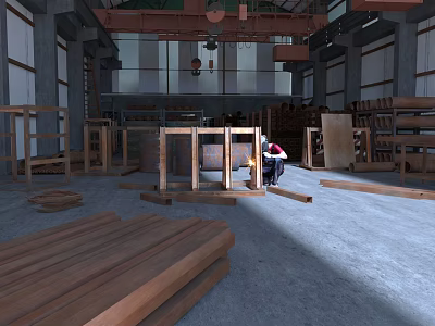 Wood Workshop Scene With Worker Handling Wooden Frames And Planks 3d model