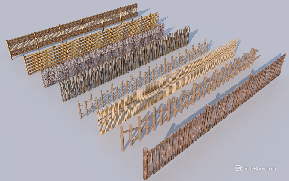 Various Wooden and Bamboo Fences with Woven Picket Designs for Outdoor Use 3d model 