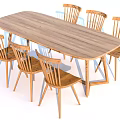 Six Simple Wooden Dining Chairs With Slatted Backs Around Rectangular Table 3d model