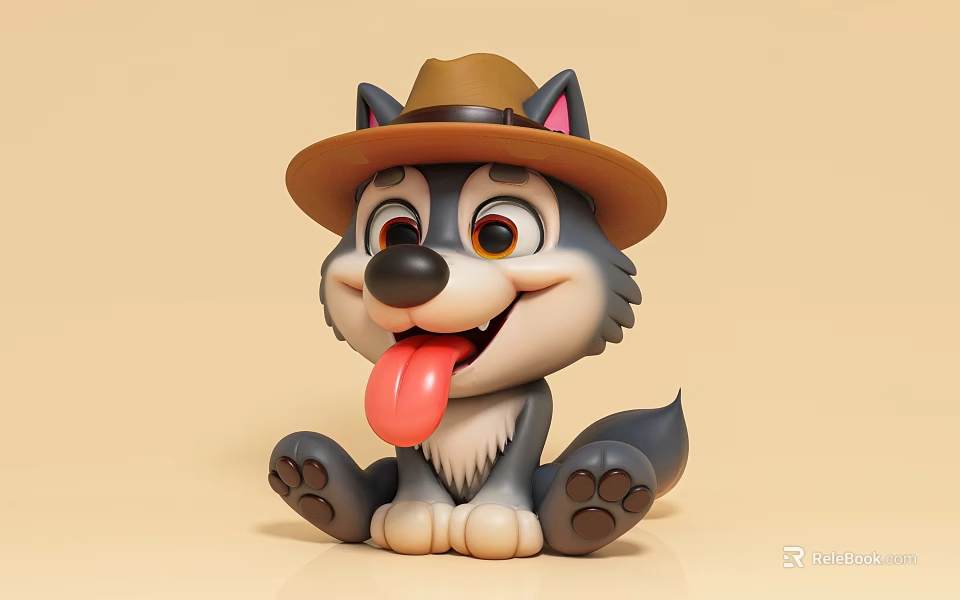 Cartoon Wolf Game Character Wearing Brown Hat With Happy Expression And Tongue Out Sitting Pose 3d model 