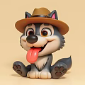 Cartoon Wolf Game Character Wearing Brown Hat With Happy Expression And Tongue Out Sitting Pose