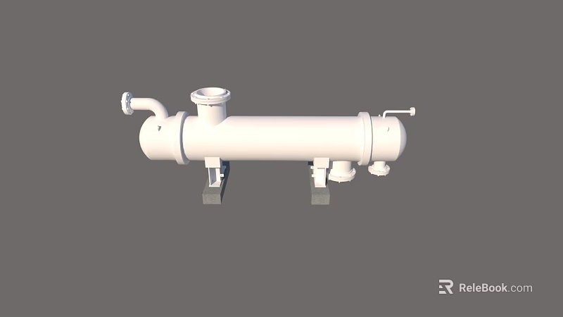 Horizontal Cylindrical Industrial Equipment Unit With Pipe Connections And Structural Supports 3d model 