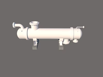 Horizontal Cylindrical Industrial Equipment Unit With Pipe Connections And Structural Supports 3d model