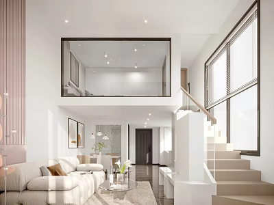 Spacious Modern Apartment Interior With Loft Living Room Staircase And Sofa 3d model