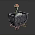 Goose Wearing Red Hat Sitting In Black Cart With Metal Wheels