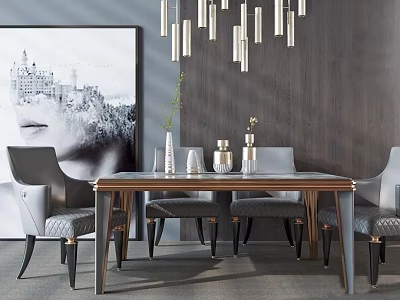 Luxury Modern Dining Table Set With Wooden Top Metal Chairs Wall Art And Chandelier 3d model