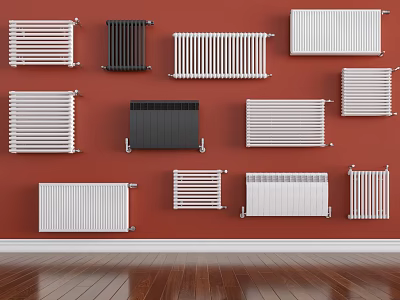 Different Types of Radiators in White and Black on Red Wall with Wooden Floor 3d model