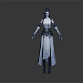3D Fantasy Female Character In White Blue Traditional Costume With Long Black Hair And Sleeves 3d model