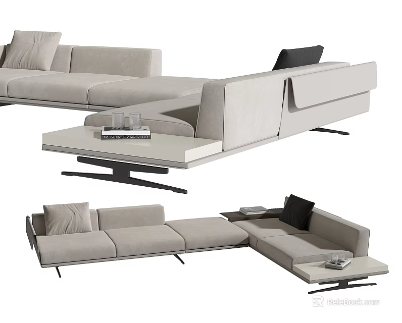 Modern Sectional Sofa In Light Gray With L Shaped Design Accent Pillows And Coffee Table 3d model 