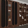 Modern Wooden Display Cabinet With Perforated Panels Shelves Books And Ornaments