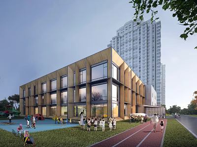 Modern School Building With Wooden Facade Large Windows Playground Area Track And Children Playing 3d model