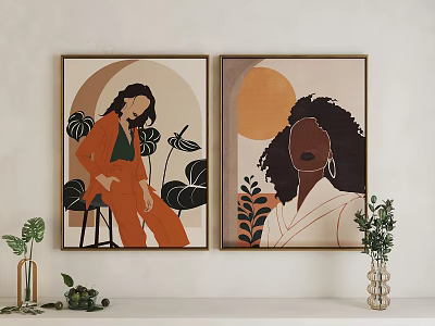 Two Portrait Paintings Featuring Women in Orange Coat Curly Hair Moon Sun Plants on Wall 3d model