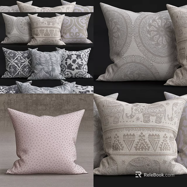 Decorative Throw Pillows With Diverse Patterns And Soft Fabric Textures 3d model