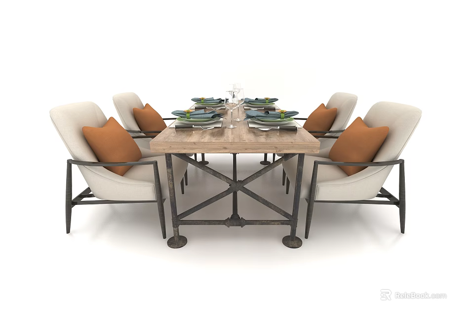 Rustic Dining Table Set With Wooden Surface Orange Cushioned Chairs And Tableware 3d model
