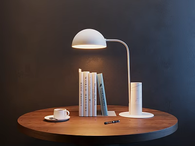 White Curved Arm Table Lamp Illuminating Reading Books with Coffee Cup on Wooden Round Table 3d model