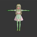 3D Model Girl With Gray Hair Pink Dress White Apron Arms Outstretched Gray Background Reflection