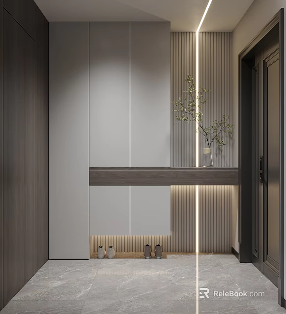 Modern Minimalist Entryway With Cabinet Lighting And Greenery 3d model