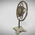 Vintage Microphone With Circular Wooden Frame And Metal Stand Base Design
