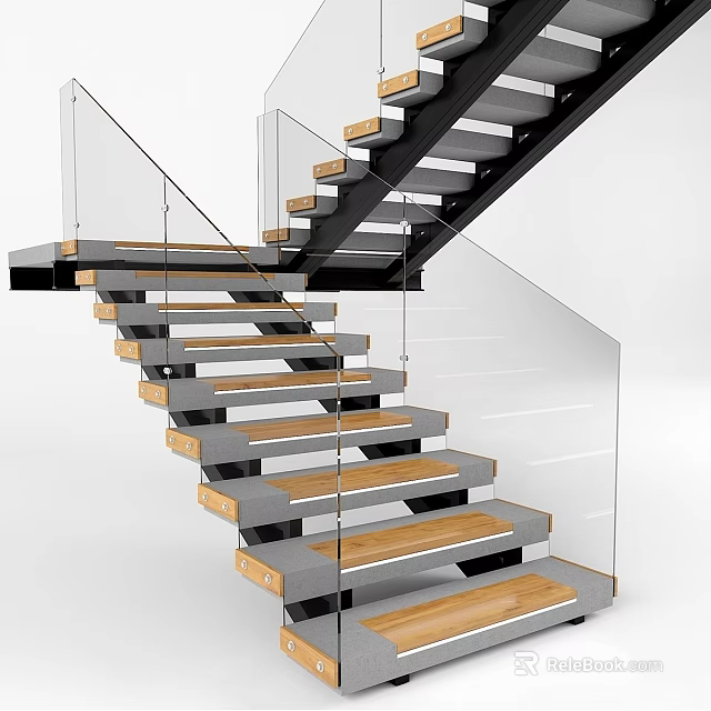 Sleek Modern Staircase With Glass Railings Wooden Treads And Metal Frame 3d model 
