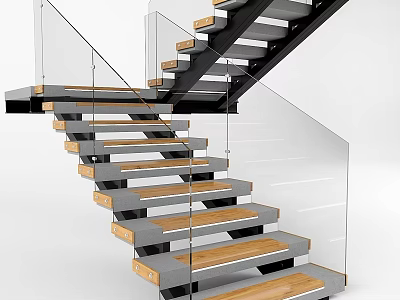 Sleek Modern Staircase With Glass Railings Wooden Treads And Metal Frame 3d model