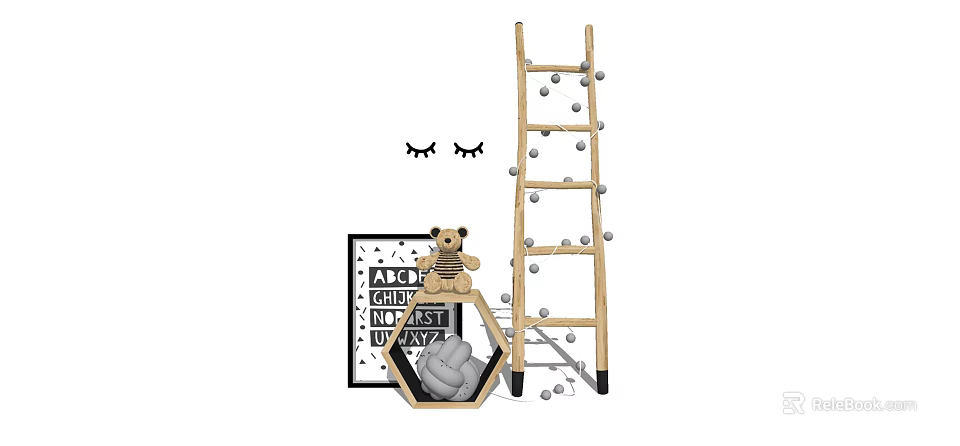 Cute Teddy Bear Plush Toy With Wooden Ladder ABC Decor And Hexagon Nest 3d model 