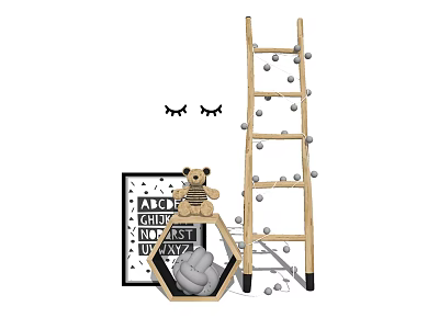 Cute Teddy Bear Plush Toy With Wooden Ladder ABC Decor And Hexagon Nest 3d model