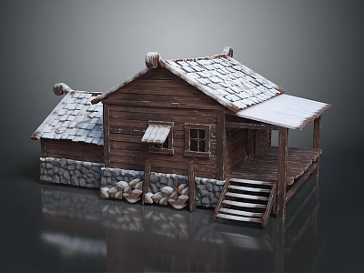Wooden Cabin Exterior With Snow Covered Roof Stone Foundation Wooden Stairs And Porch 3d model