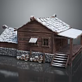 Wooden Cabin Exterior With Snow Covered Roof Stone Foundation Wooden Stairs And Porch