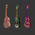 Three Colorful Hand Painted Ukuleles As Musical Instruments With Art Supplies And Decorative Patterns