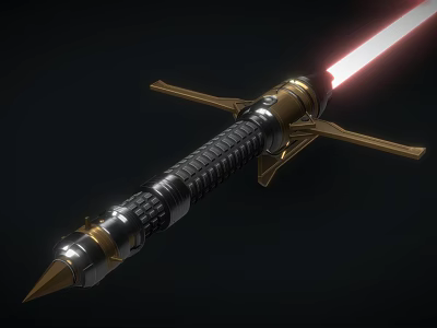 Futuristic Spear Weapon With Red Glowing Blade And Metallic Gold Accents 3d model