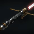 Futuristic Spear Weapon With Red Glowing Blade And Metallic Gold Accents