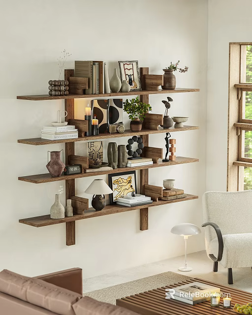 Modern Wooden Wall Mounted Shelving Unit With Books Vases And Decorative Items 3d model 