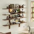 Modern Wooden Wall Mounted Shelving Unit With Books Vases And Decorative Items