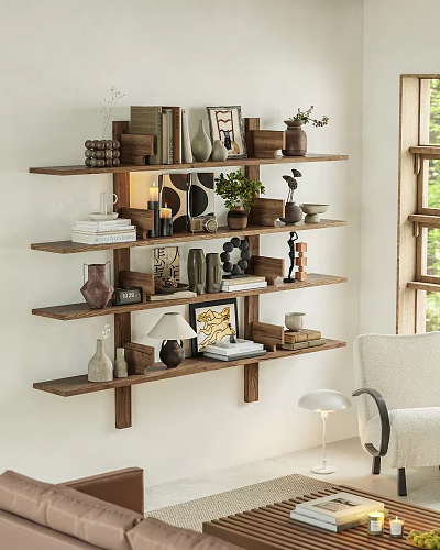 Modern Wooden Wall Mounted Shelving Unit With Books Vases And Decorative Items 3d model