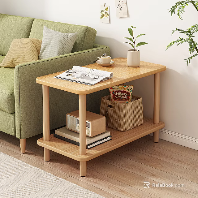 Wooden Side Table With Magazines Coffee Cup And Plant In Living Room By Green Sofa 3d model 
