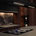 Elegant Modern Kitchen Interior With Dark Wood Cabinets And Marble Countertop